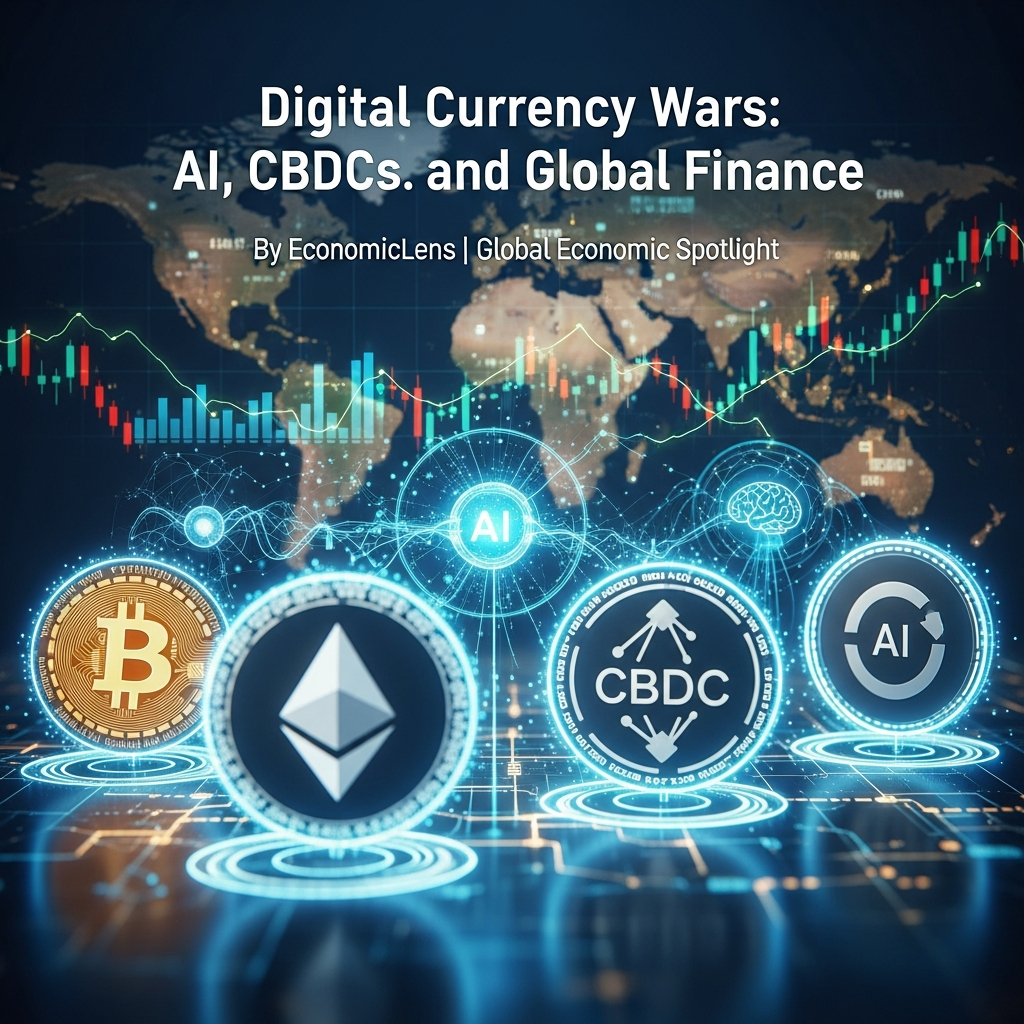 Global digital currency landscape showing AI, CBDCs, and cryptocurrencies over a world map with financial data flows