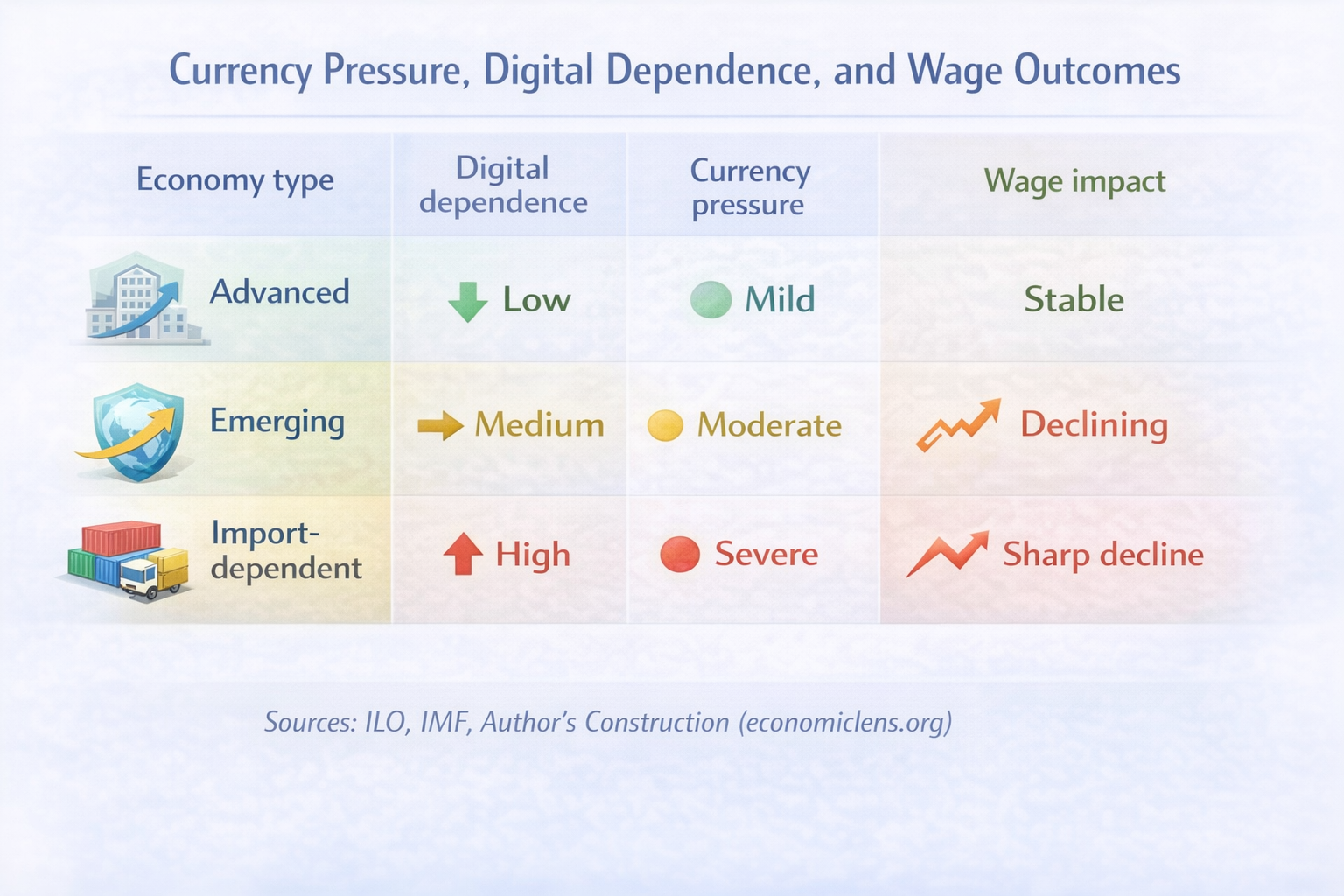 Comparison of advanced, emerging, and import-dependent economies linking digital dependence, currency pressure, and wage outcomes