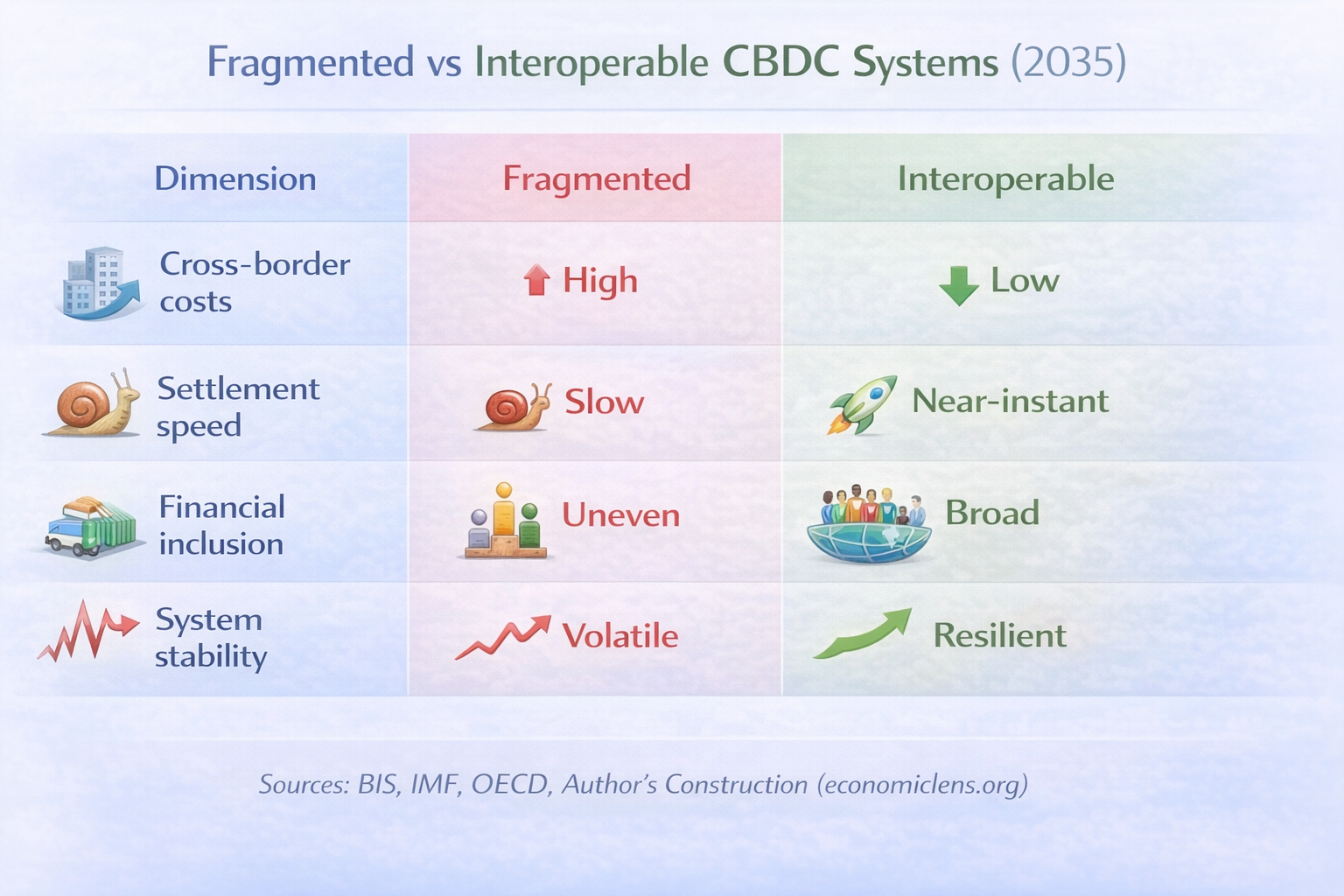 Comparison of fragmented and interoperable CBDC systems across costs, speed, inclusion, and stability