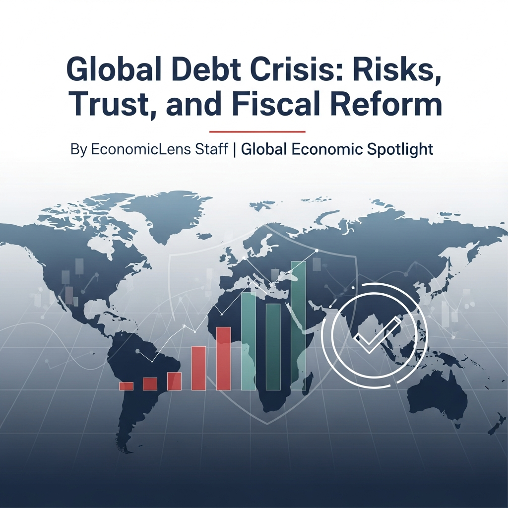 Global debt crisis cover image showing world map, rising debt bars, and governance symbols highlighting fiscal risks and reform needs
