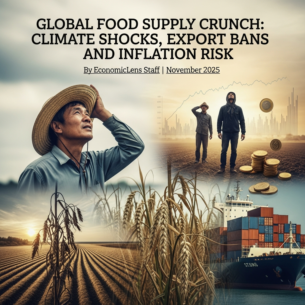 Cover image illustrating the global food supply crunch with climate-stressed farmers, drought-hit crops, export disruptions, and rising food inflation risks
