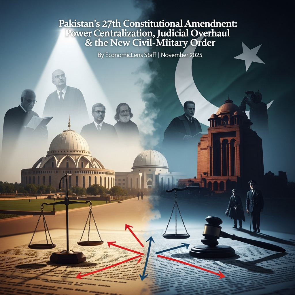 Pakistan 27th Constitutional Amendment cover showing power centralization, judicial overhaul and civil military changes with courts, judges and legal symbols