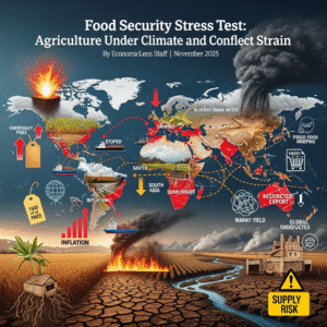 Food Security Stress Test cover showing global agriculture under climate and conflict strain with drought, blocked grain routes, wildfires, floods, inflation and supply risks