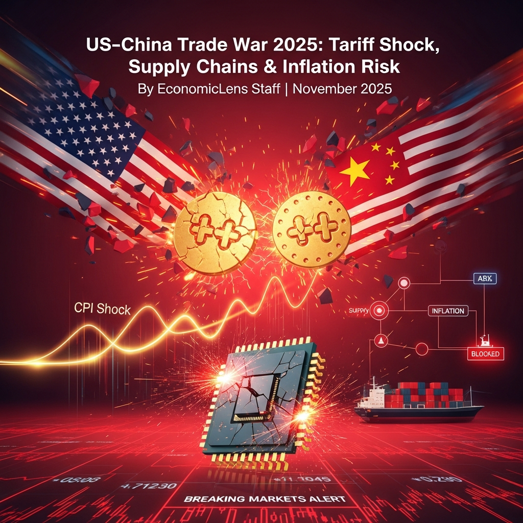 US–China Trade War 2025 cover showing tariff clash, broken semiconductor chip, supply chain disruption visuals and inflation shock elements