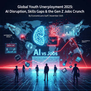 Magazine-style cover illustrating AI disruption, digital gaps, and job risks linked to global youth unemployment 2025