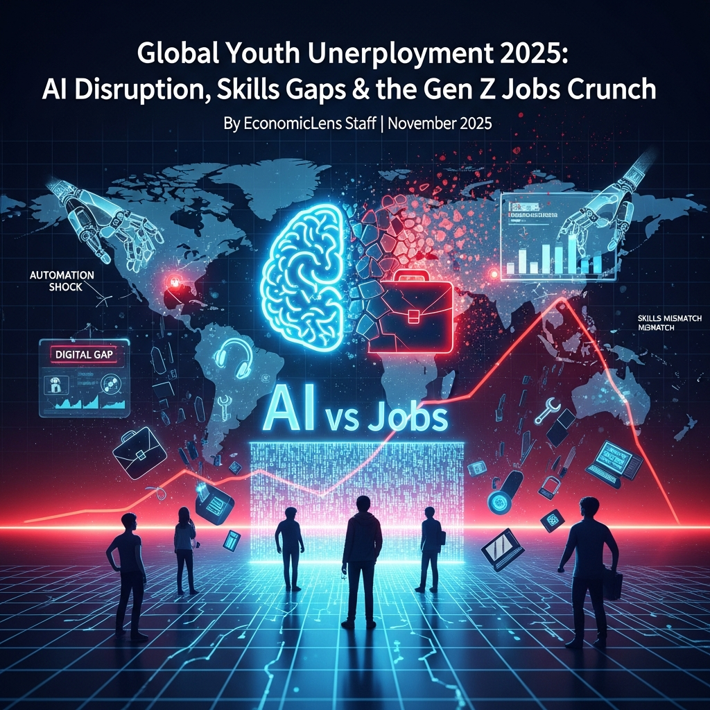 Magazine-style cover illustrating AI disruption, digital gaps, and job risks linked to global youth unemployment 2025