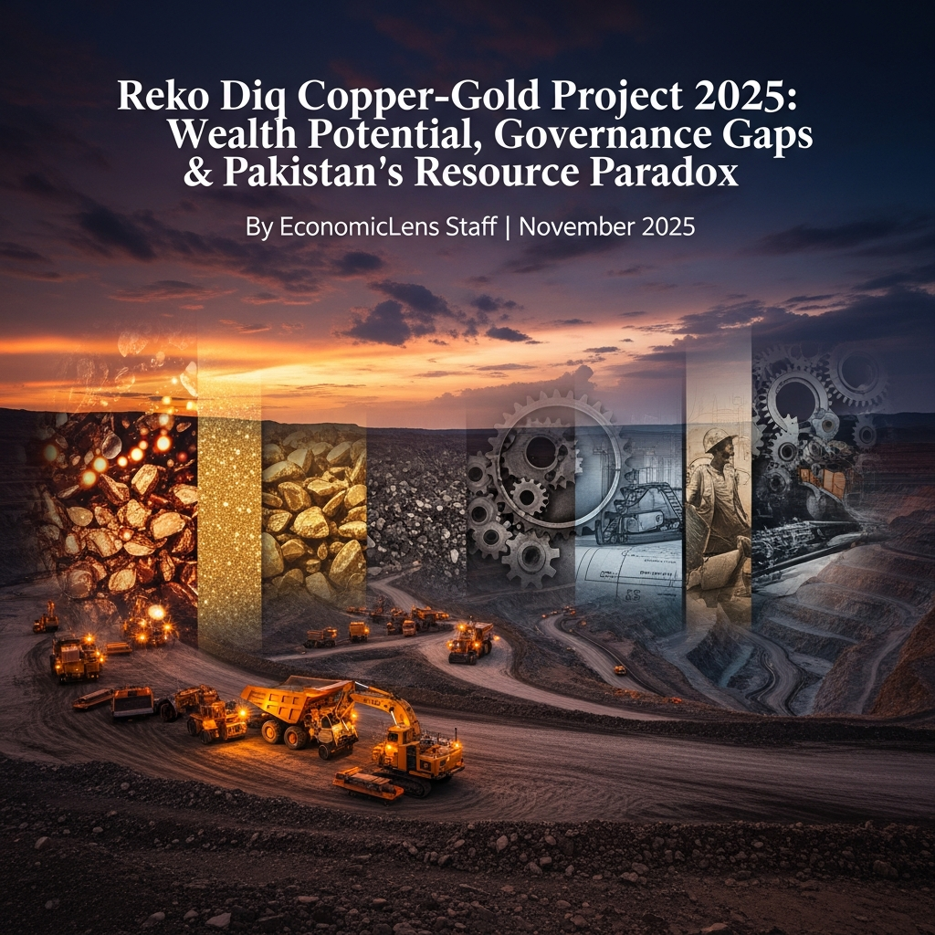 Reko Diq copper-gold project cover image showing mining operations, copper and gold ores, and industrial engineering visuals at sunset
