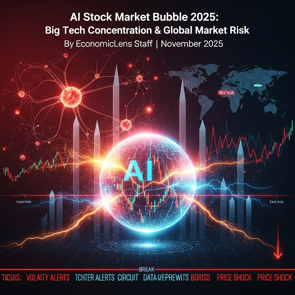 AI Stock Market Bubble 2025 thumbnail showing global tech concentration, AI-driven volatility, red market shock lines, and a glowing AI sphere over world markets