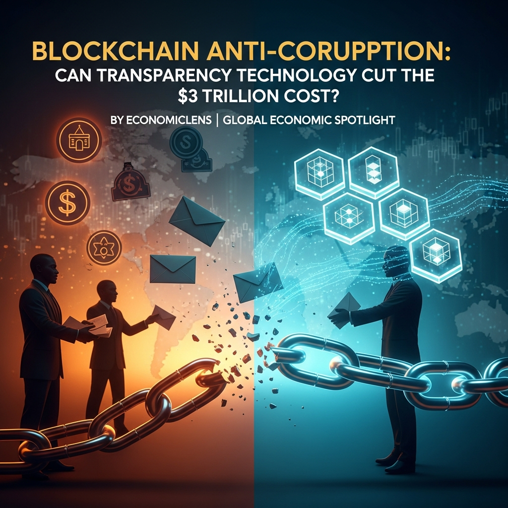 Blockchain anti-corruption illustration showing broken chains, digital ledger blocks, and officials, contrasting opaque corruption with transparent blockchain-based governance systems