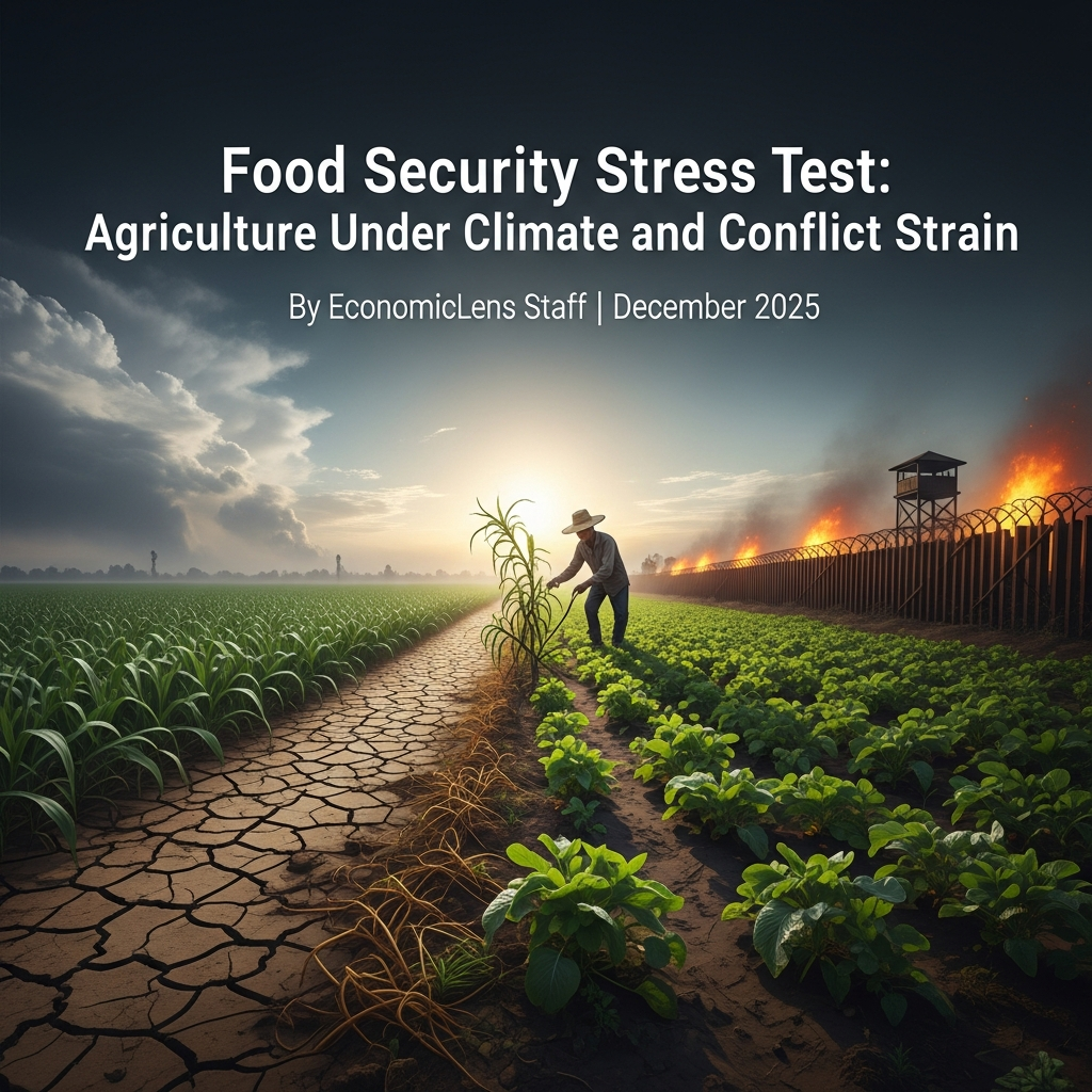 Food security stress test showing a farmer between drought-damaged soil and conflict-affected farmland, highlighting agriculture under climate and conflict strain