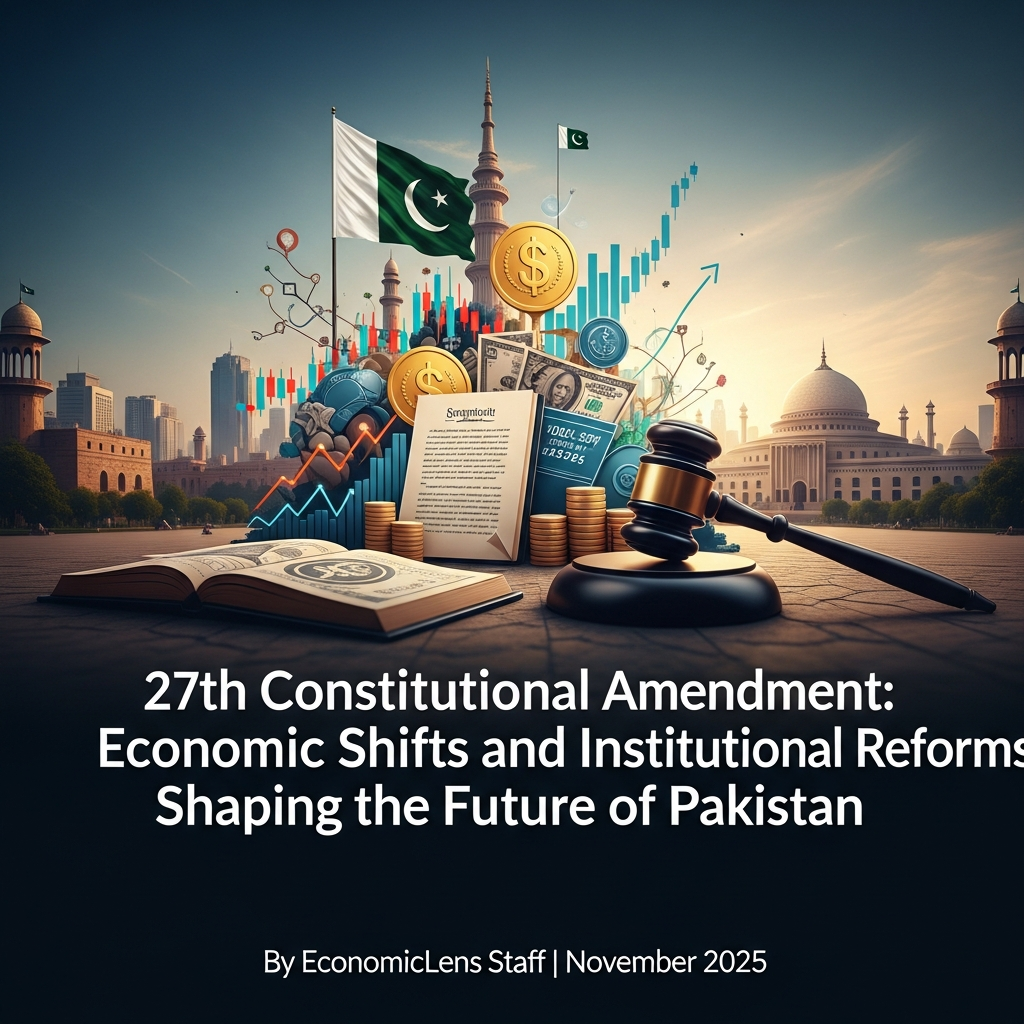 Pakistan 27th Constitutional Amendment illustration showing economic reforms, institutional changes, legal documents, currency symbols and national landmarks representing shifts in governance and fiscal policy