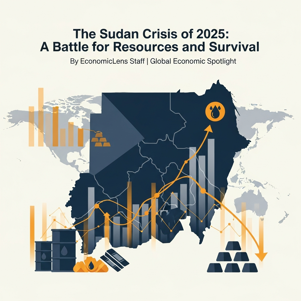 Illustration showing Sudan’s map overlaid with oil, gold, and economic trend symbols highlighting resource conflict and economic instability in 2025