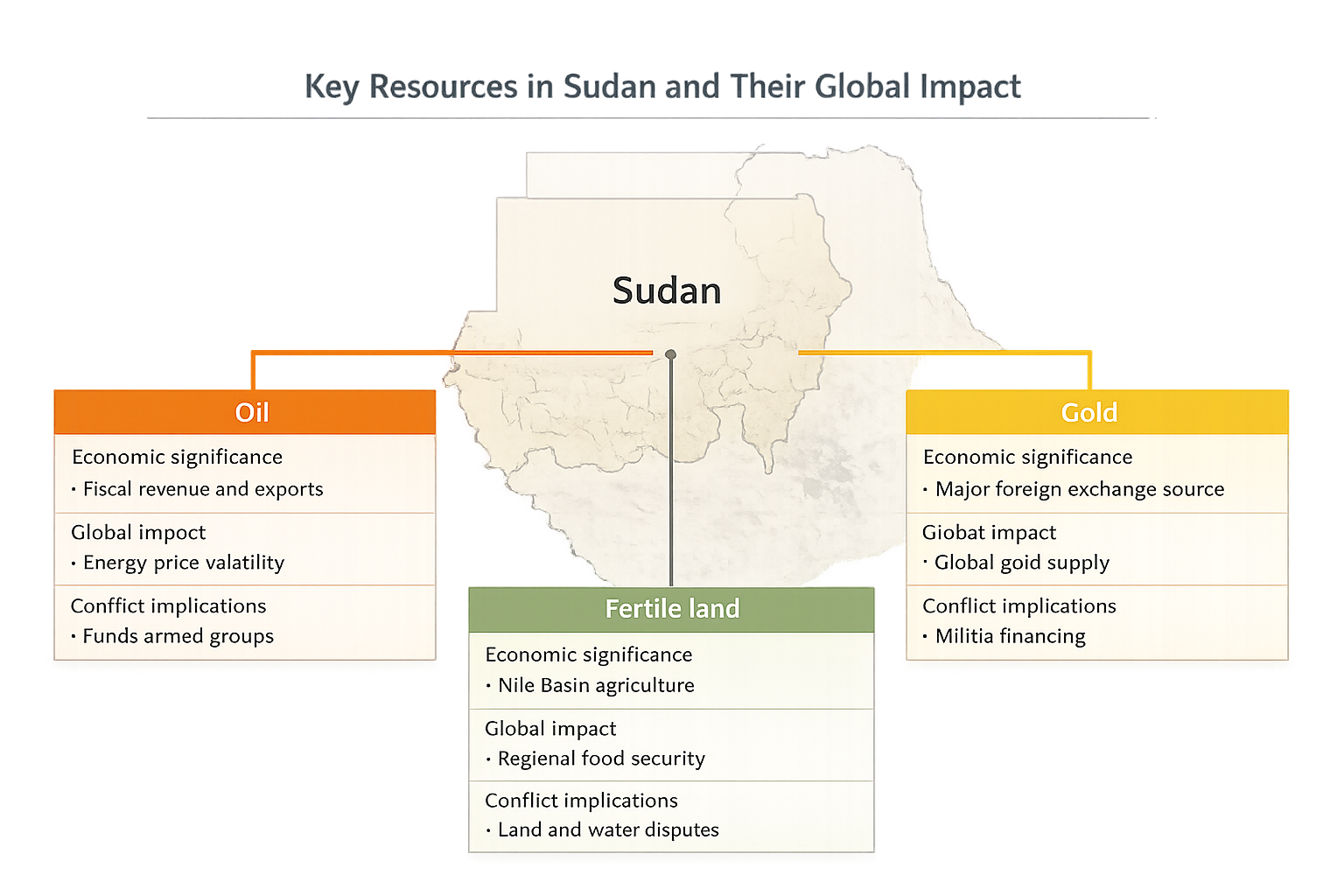 Diagram showing oil, gold, and fertile land in Sudan with their economic significance, global impact, and conflict implications