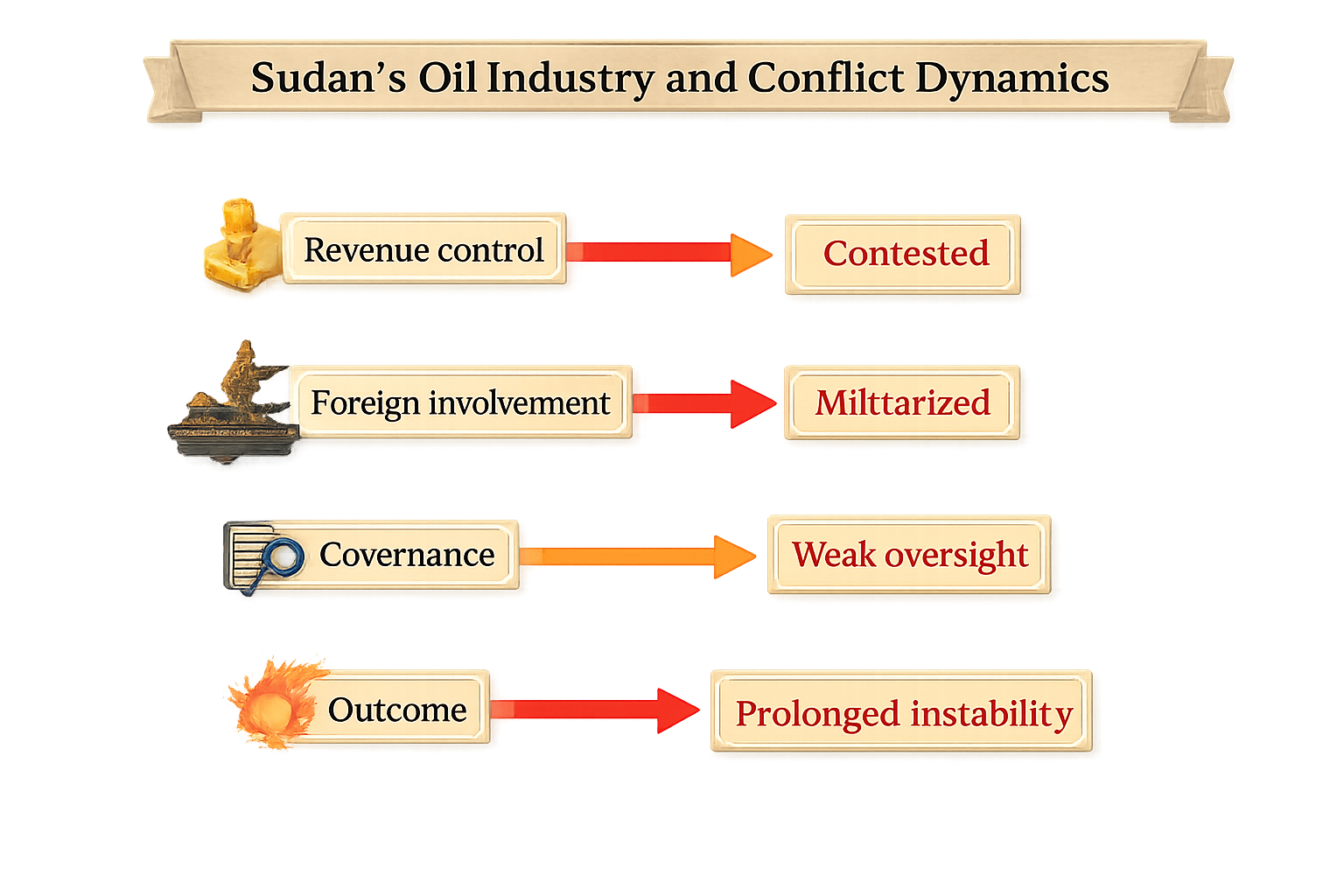 Flow diagram linking oil revenue control, foreign involvement, weak governance, and prolonged instability in Sudan