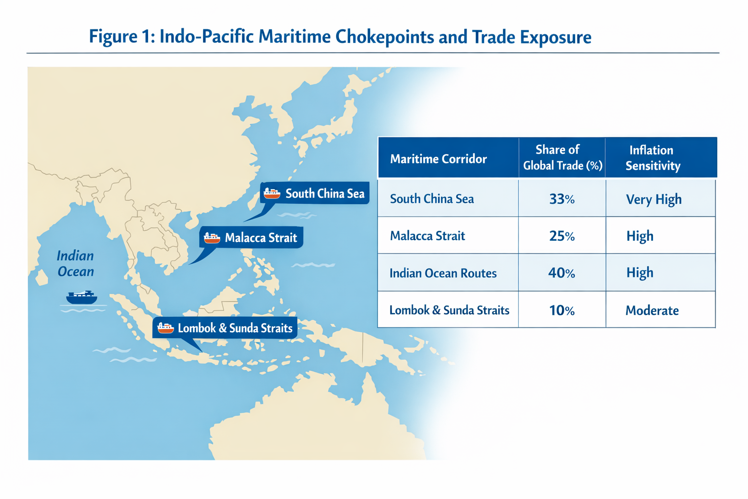 Map of Indo Pacific maritime chokepoints including South China Sea, Malacca Strait, Indian Ocean routes, and Lombok Sunda straits