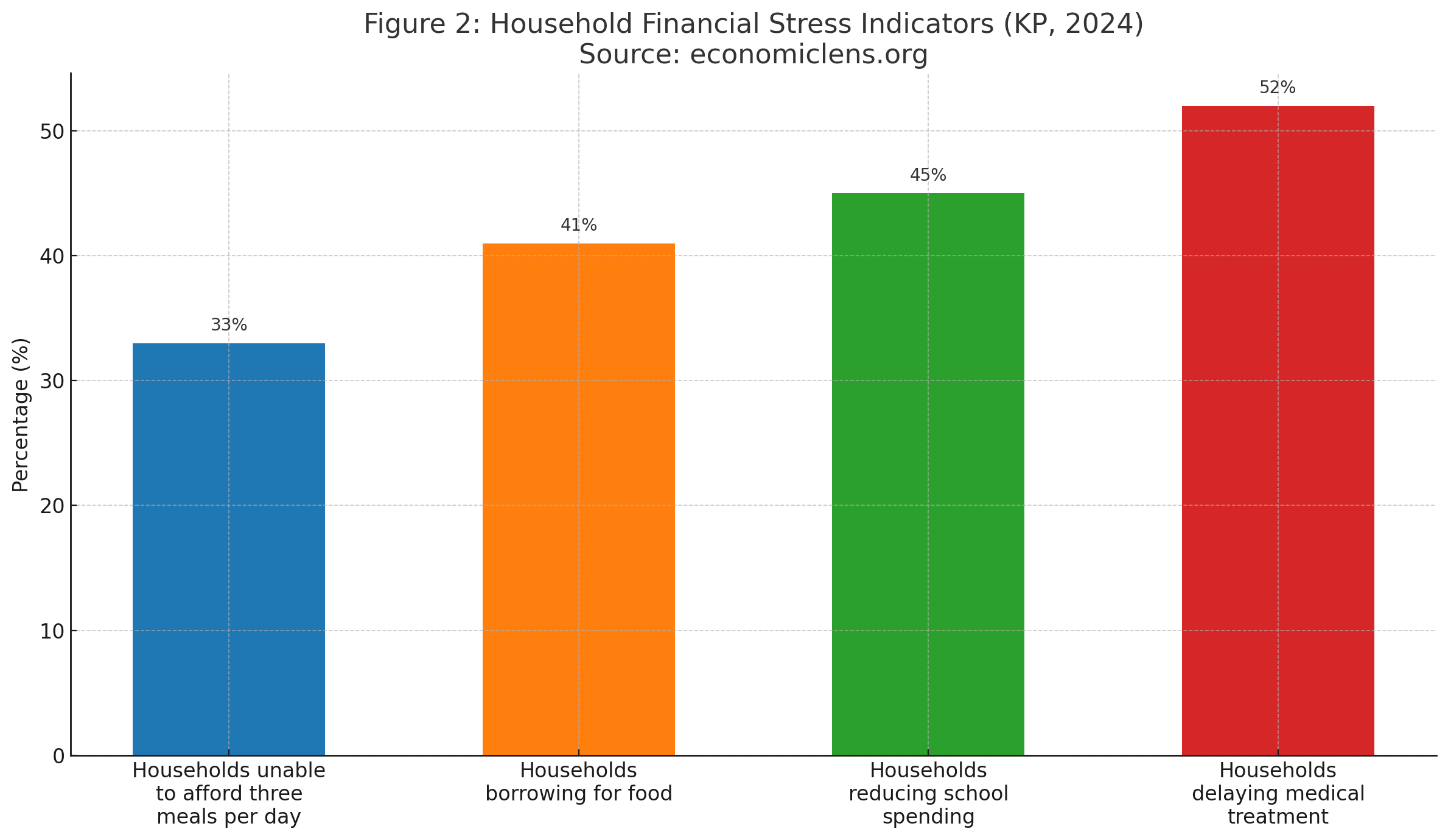Household financial stress indicators showing food insecurity, borrowing, and reduced spending as part of the KP economic crisis