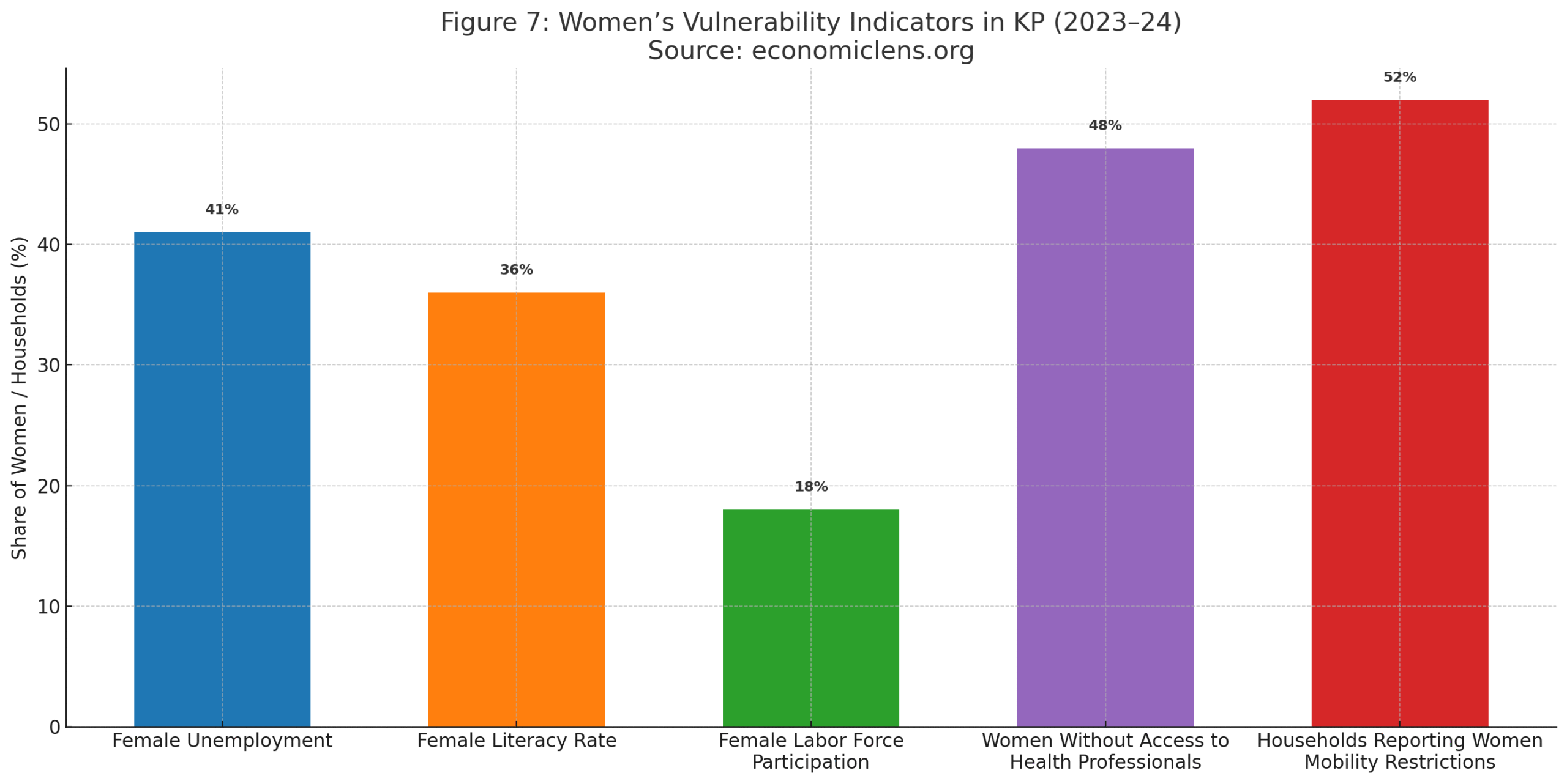 Women’s vulnerability indicators in KP showing female unemployment, literacy, labor force participation, lack of access to women health professionals and mobility restrictions