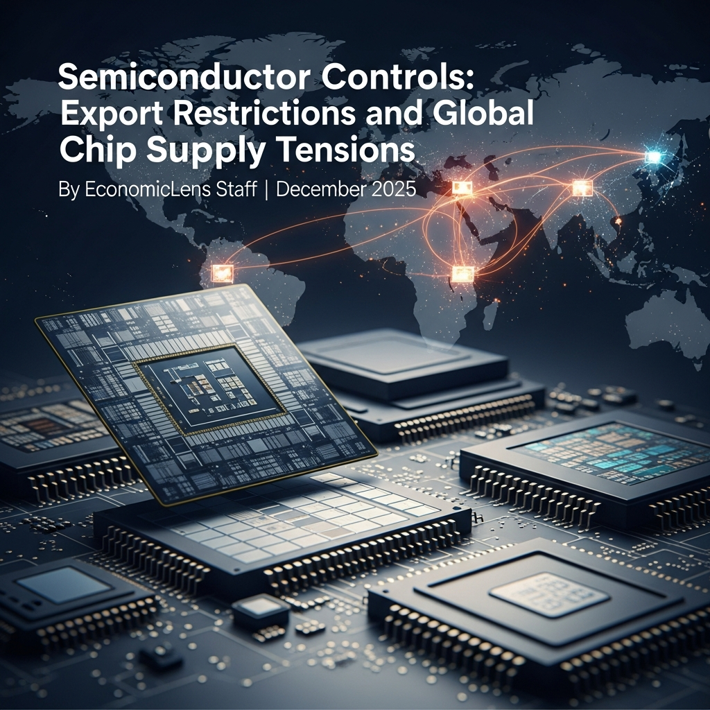 Illustrated semiconductor chips with a digital world map showing global data links, representing export controls and chip supply tensions