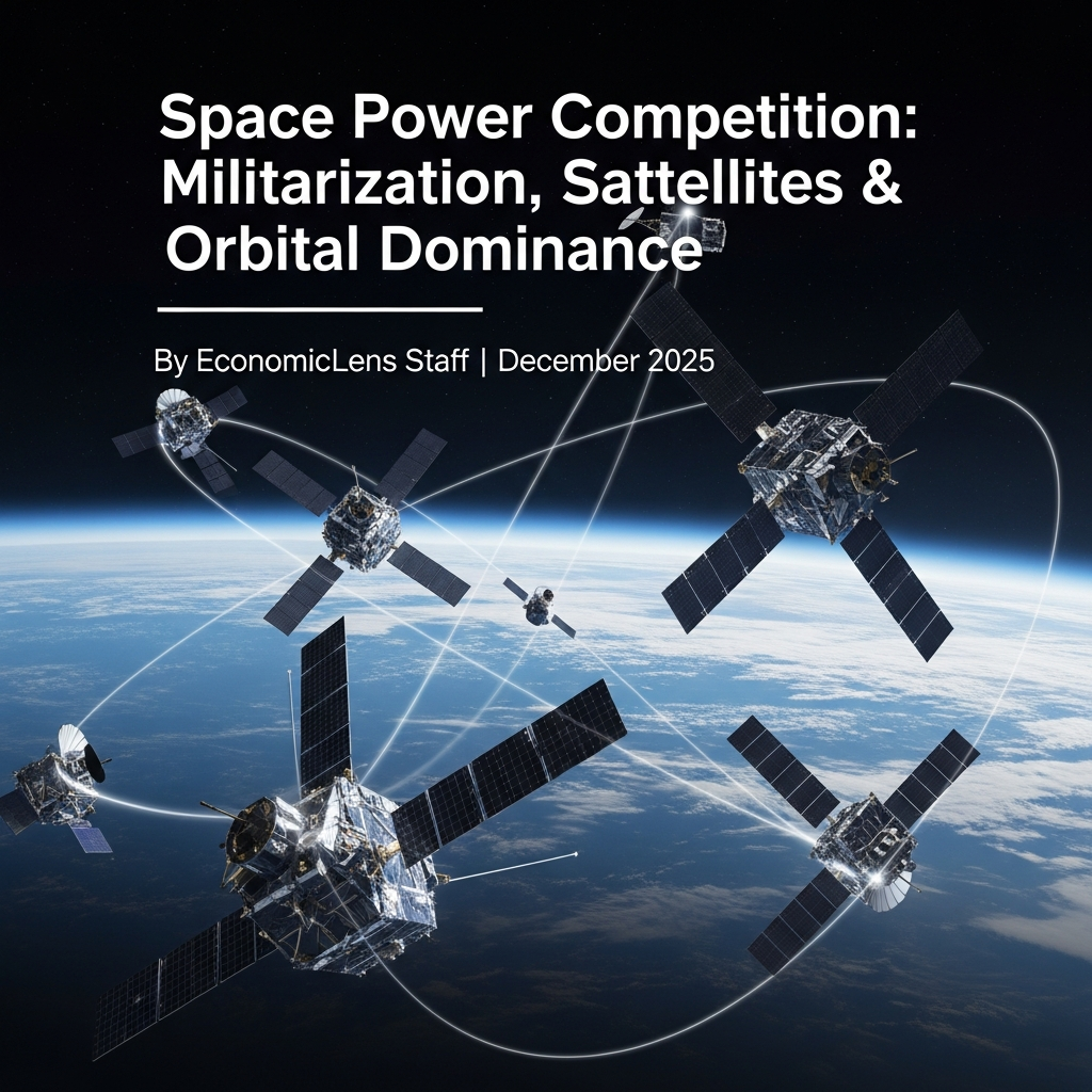 High resolution cover image showing multiple satellites orbiting Earth to represent global competition and orbital dominance