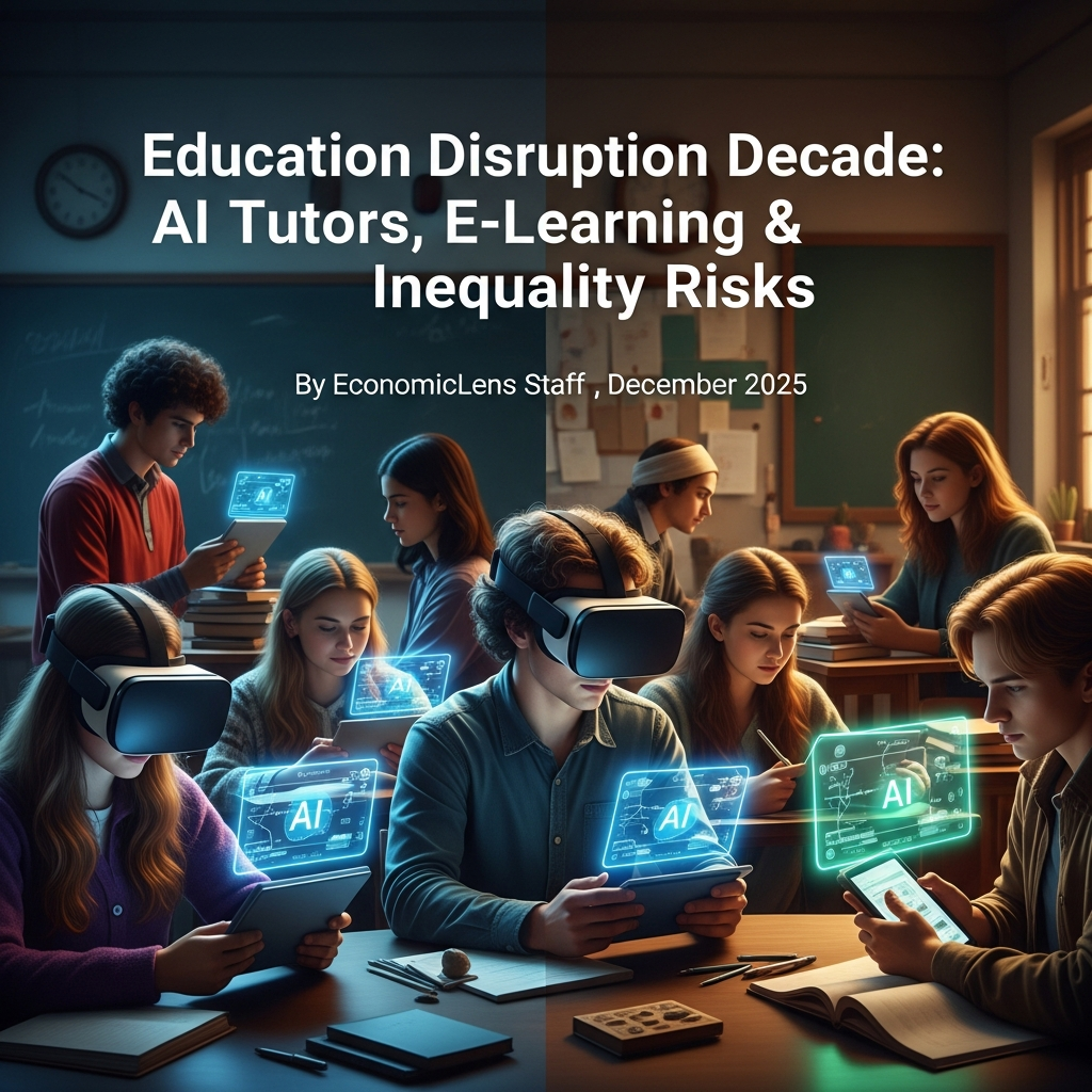 Students using tablets, AI interfaces, and immersive learning tools in a modern classroom, illustrating digital education transformation and inequality risks