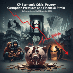 KP economic crisis cover image showing poverty, corruption, financial strain, a broken piggy bank, falling red graph, distressed families, and bribe exchanges