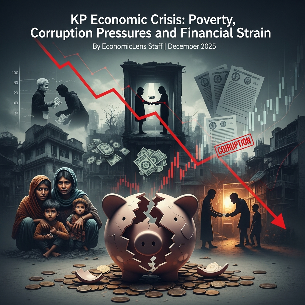 KP economic crisis cover image showing poverty, corruption, financial strain, a broken piggy bank, falling red graph, distressed families, and bribe exchanges