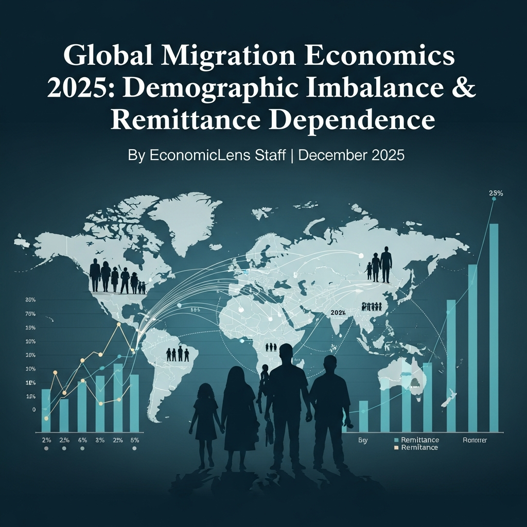 Global migration map showing demographic imbalance on the left, remittance flows on the right and silhouettes representing population changes and global labour movement