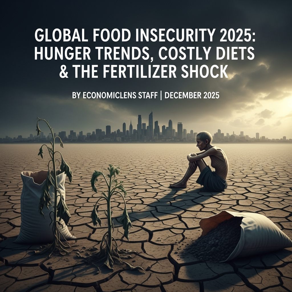 Global food insecurity crisis showing hunger, drought-affected land and shrinking food access in 2025