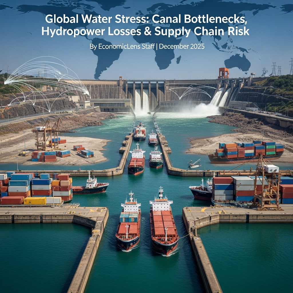 Global water stress affecting canals, hydropower systems and international supply chains