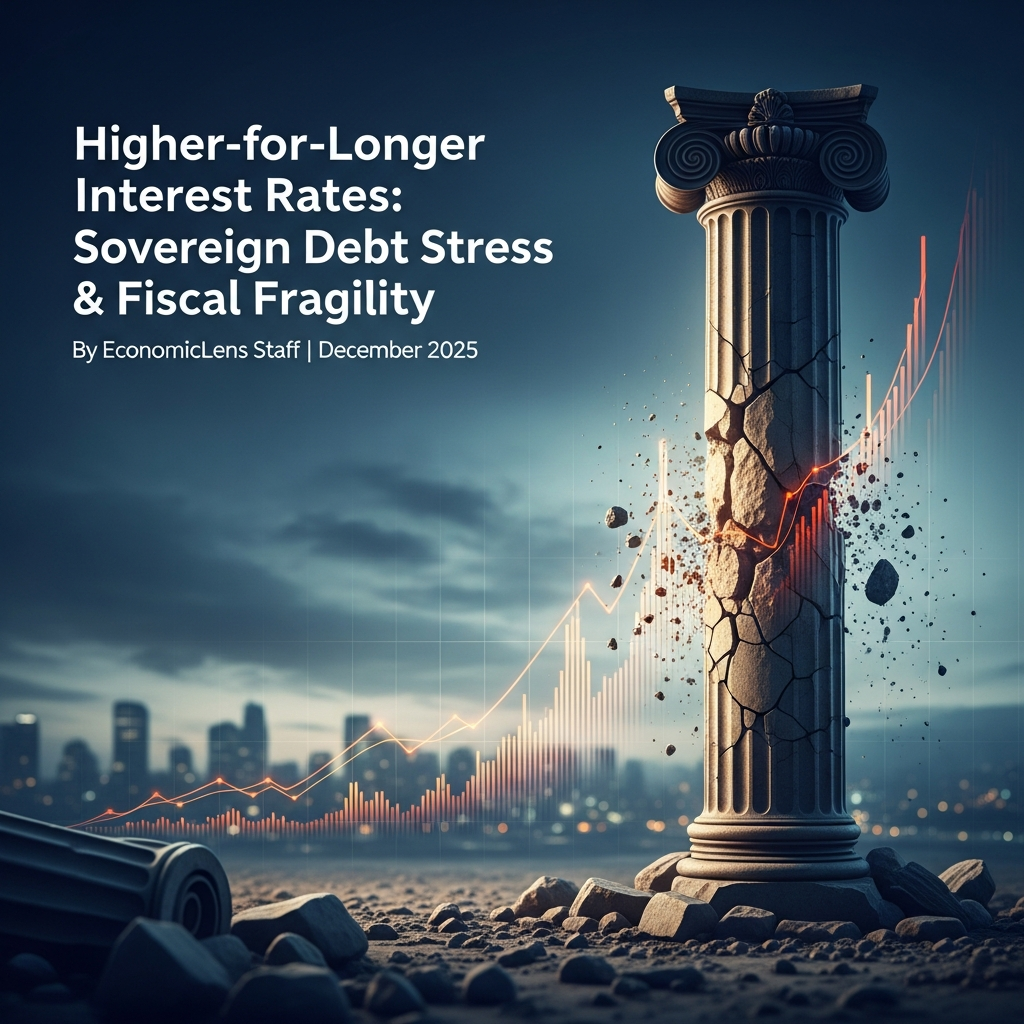 Higher-for-longer interest rates symbolized by a cracked pillar and rising sovereign bond yields, highlighting fiscal fragility