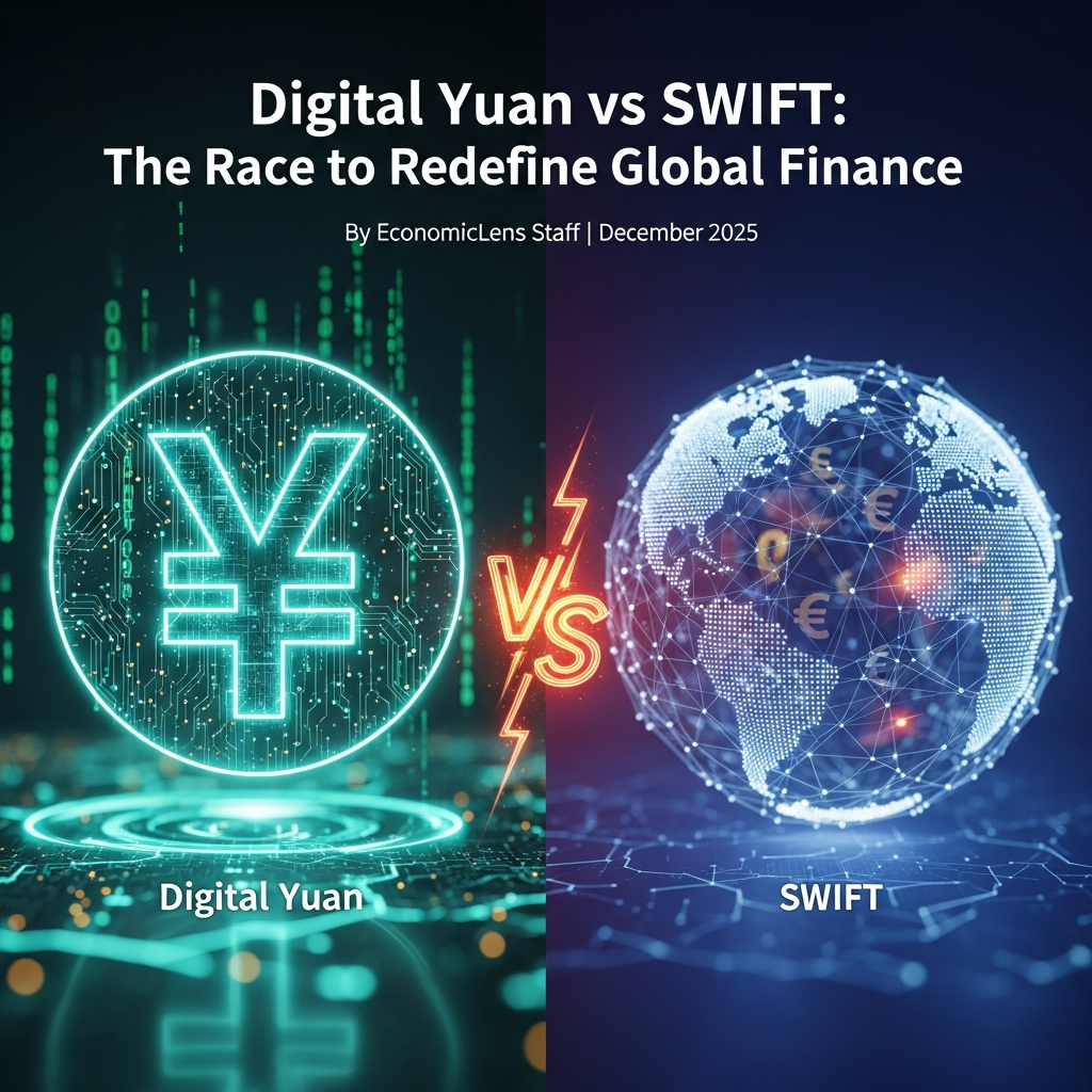 Digital yuan symbol facing a global network globe representing SWIFT and international payment systems
