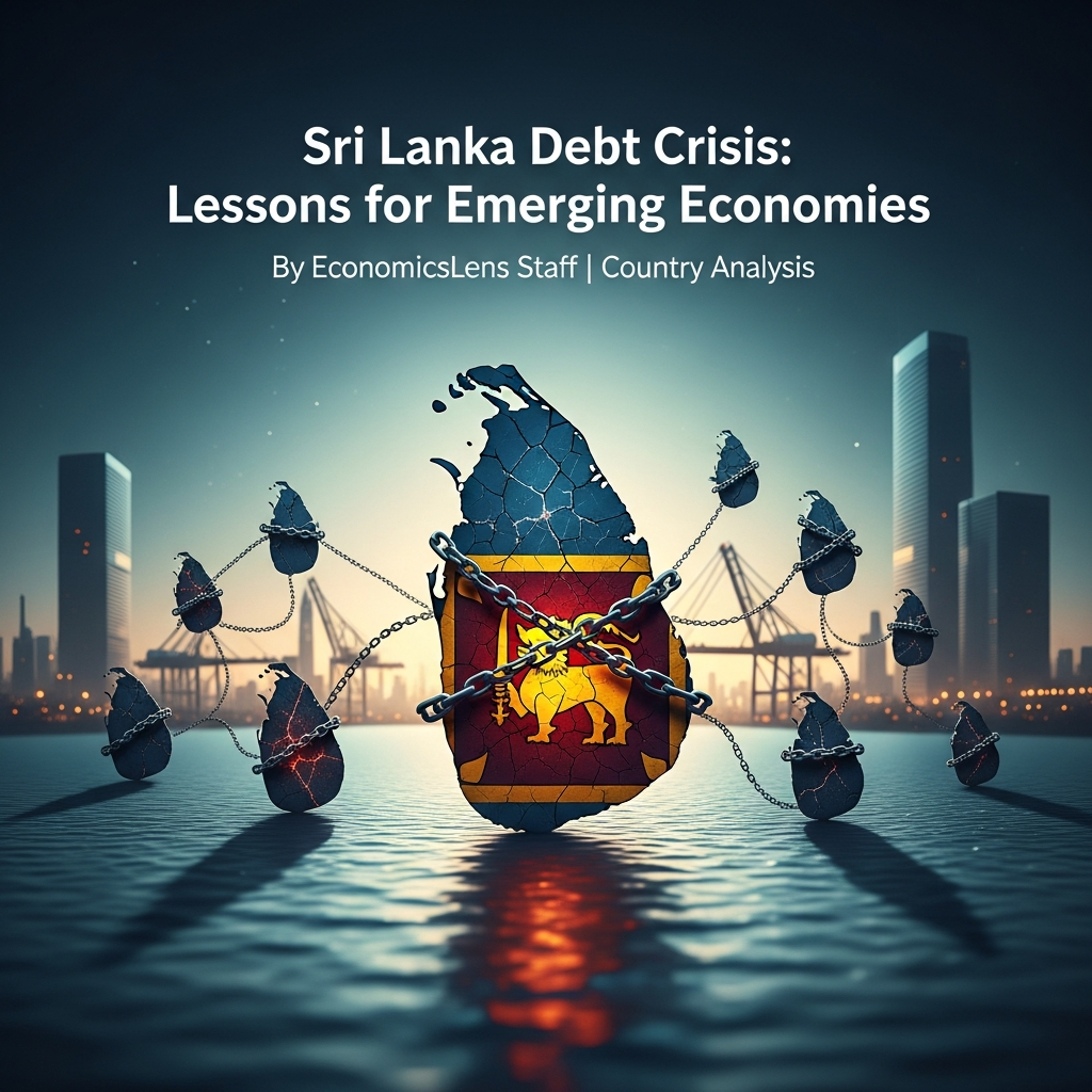 Sri Lanka debt crisis illustrated by a chained island with national flag, broken fragments, and port infrastructure in the background