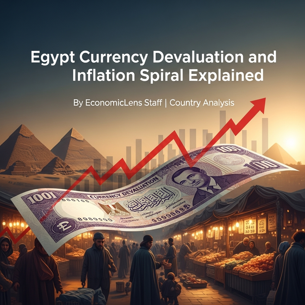 Egypt currency devaluation illustrated by a falling pound note, rising price chart, pyramids, and a crowded market scene