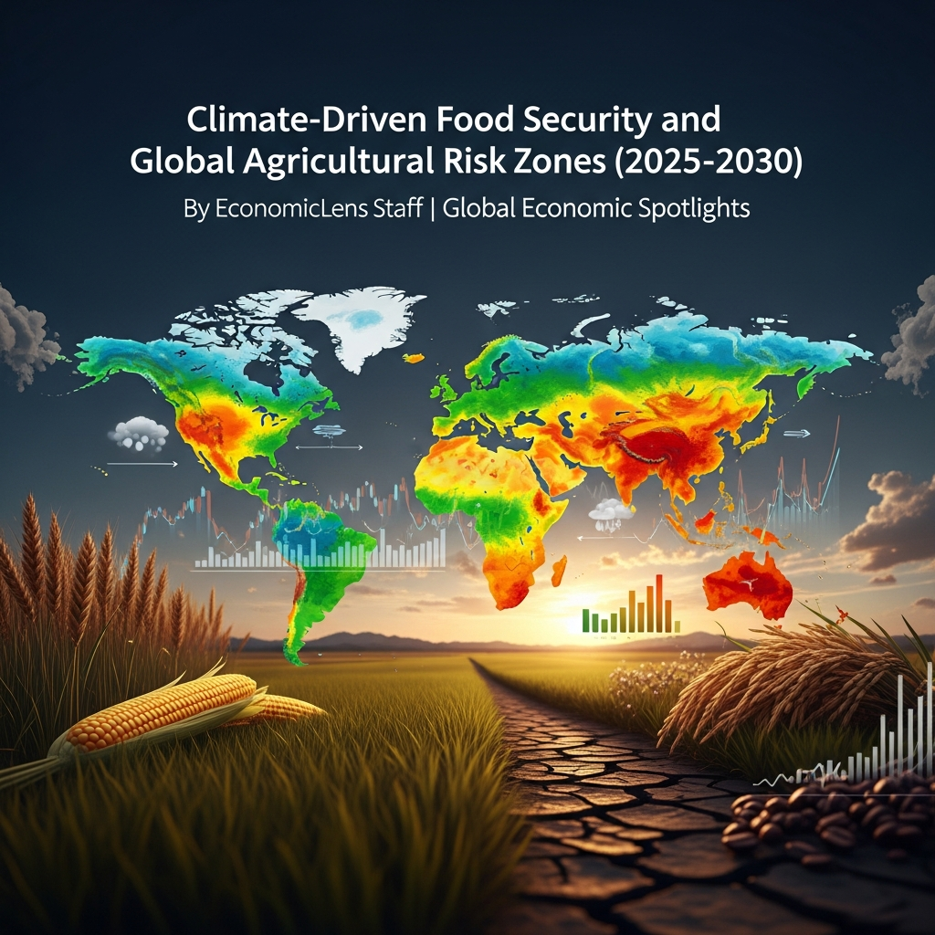 World map showing climate-driven agricultural risk zones between 2025 and 2030, with heat, drought, floods, and yield stress highlighted across major food-producing regions