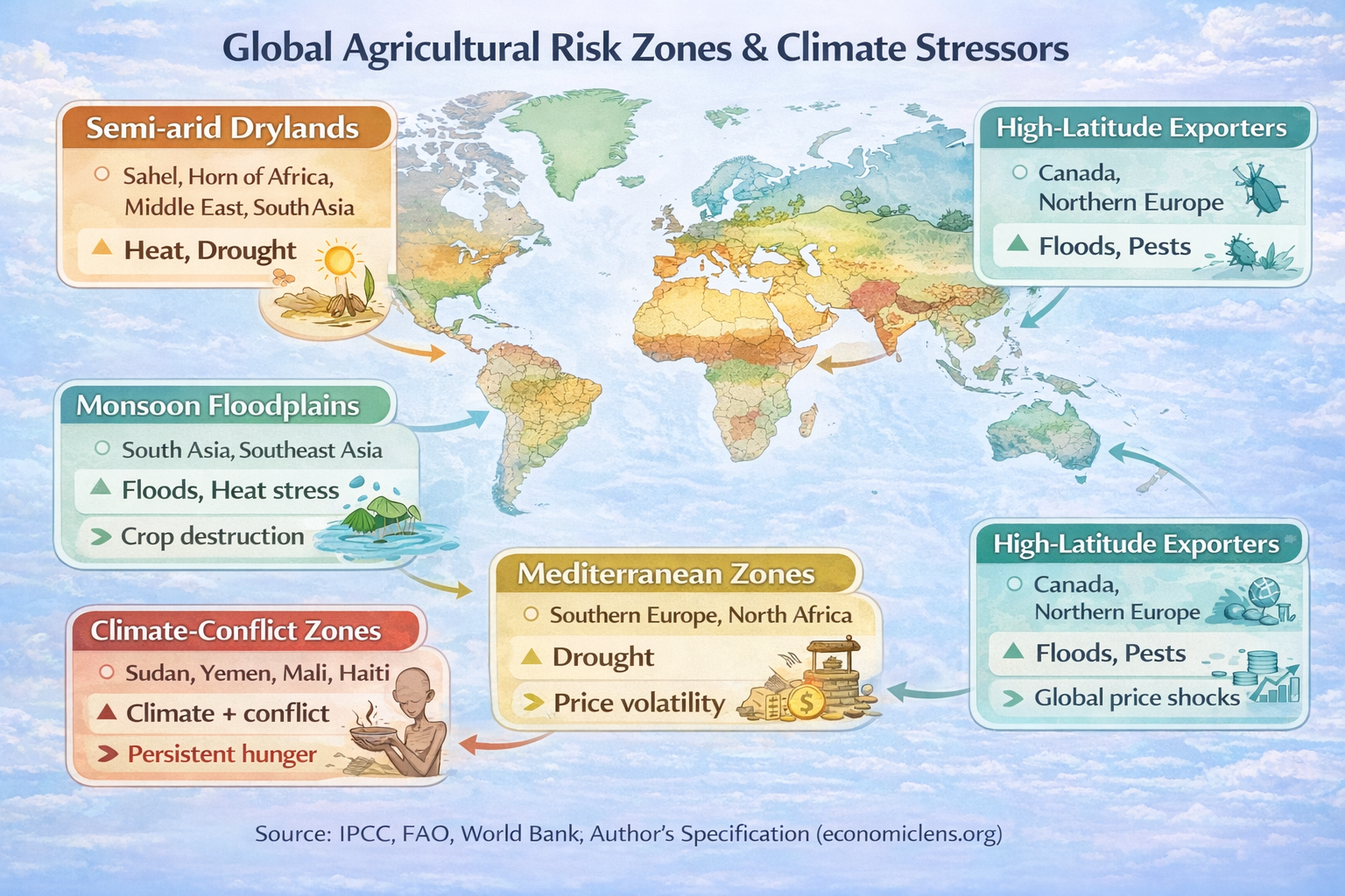 Illustrated world map identifying global agricultural risk zones, including semi-arid drylands, monsoon floodplains, Mediterranean regions, climate-conflict zones, and high-latitude exporters with associated climate stressors