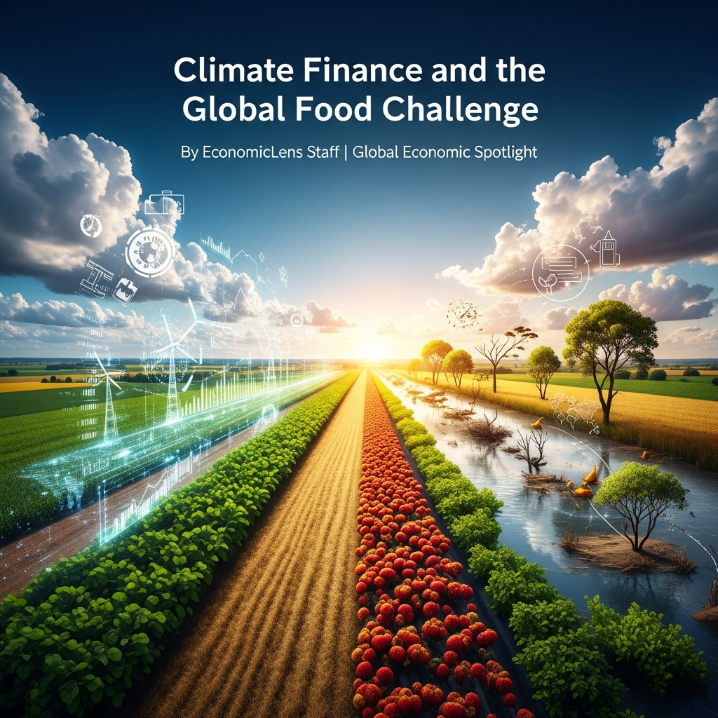 Climate finance supporting agriculture under climate stress, showing productive farms, drought risk, and data-driven investment pathways
