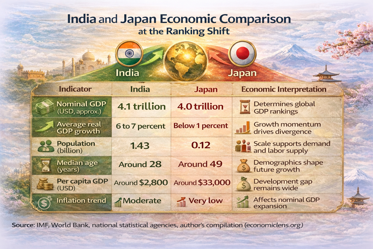 India overtakes Japan as the world’s fourth largest economy illustrated with upward arrows over a global night map showing shifting economic power