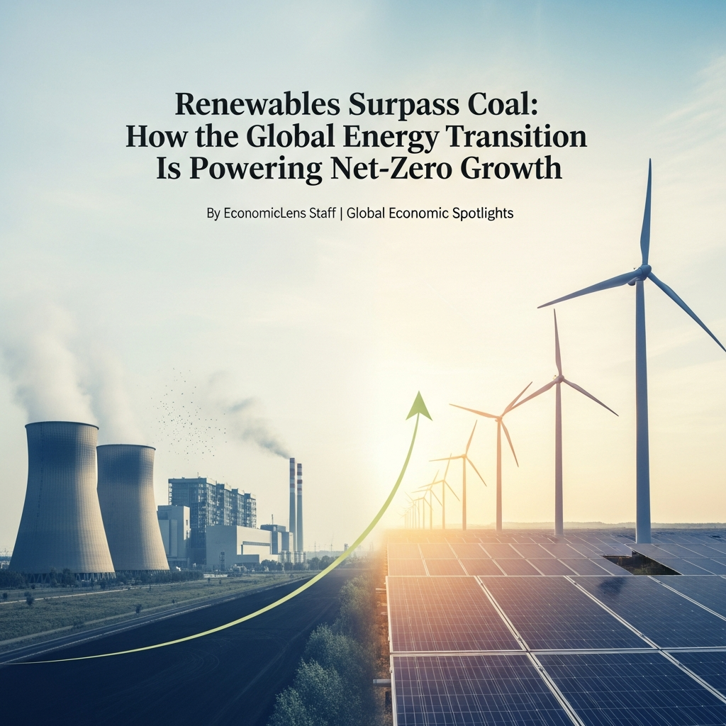 Renewable energy overtaking coal with wind turbines and solar panels replacing fossil fuel power plants during the global energy transition