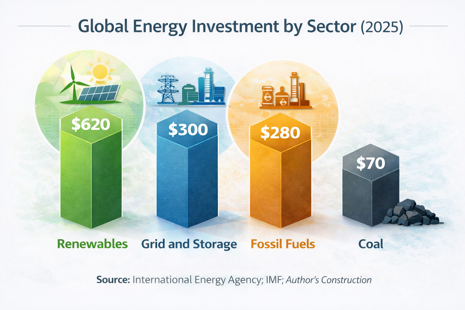 Global energy investment comparison showing higher spending on renewables and grid infrastructure than fossil fuels and coal