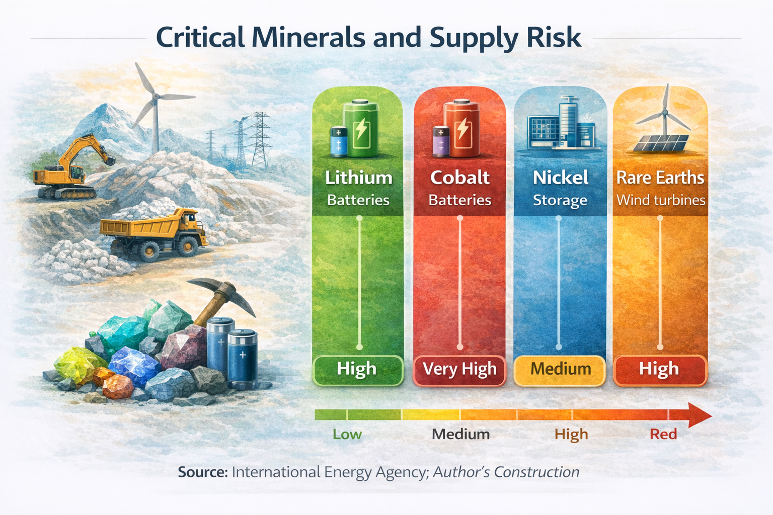 Supply risk levels of critical minerals including lithium, cobalt, nickel, and rare earths used in clean energy technologies