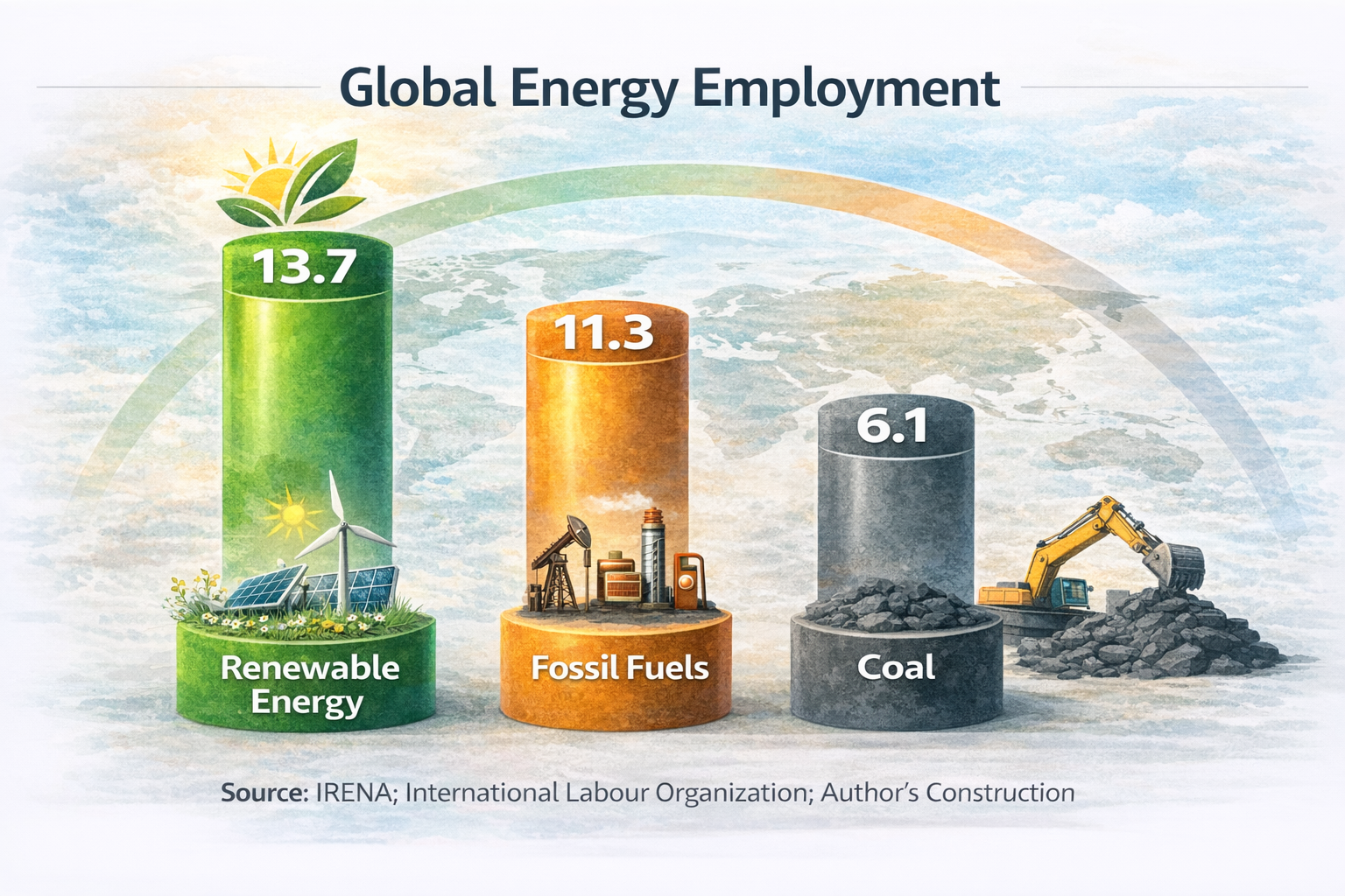 Global energy employment comparison showing more jobs in renewable energy than fossil fuels and coal