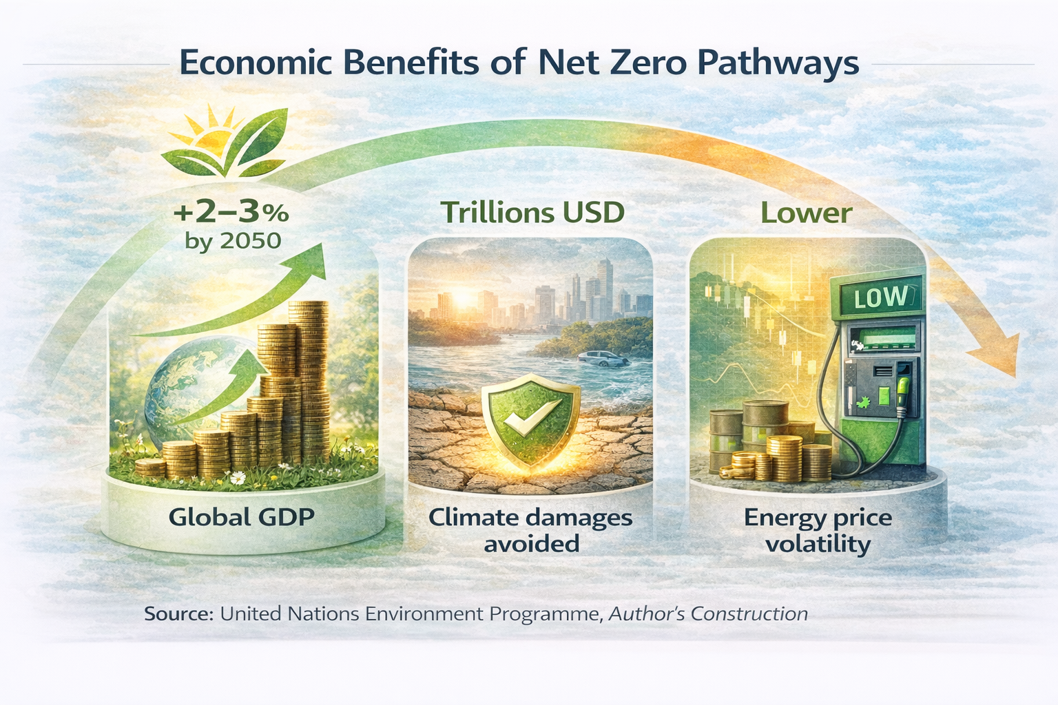 Economic benefits of net zero pathways including higher global GDP, avoided climate damages, and lower energy price volatility