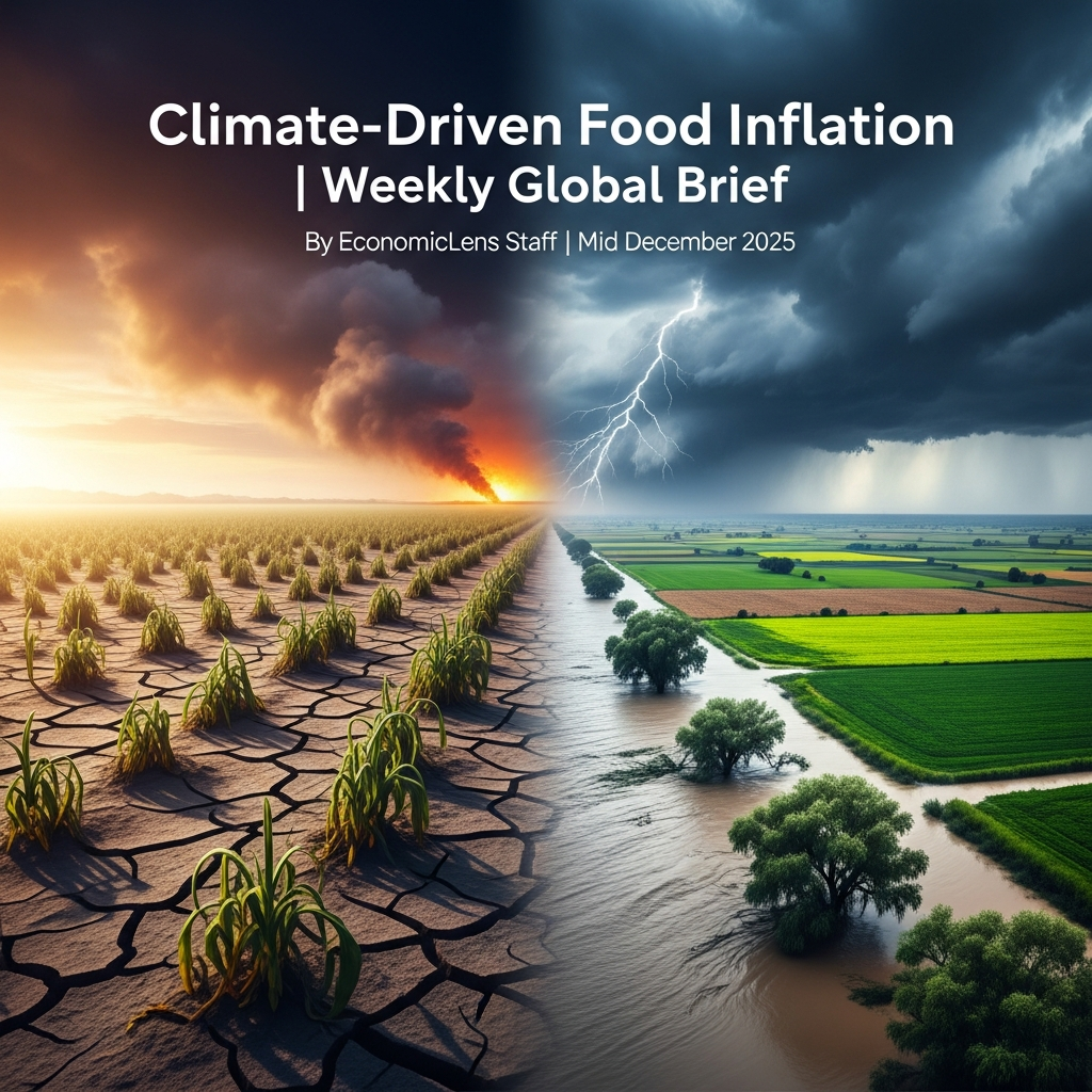 Climate driven food inflation showing drought damaged farmland on one side and flood affected crops on the other