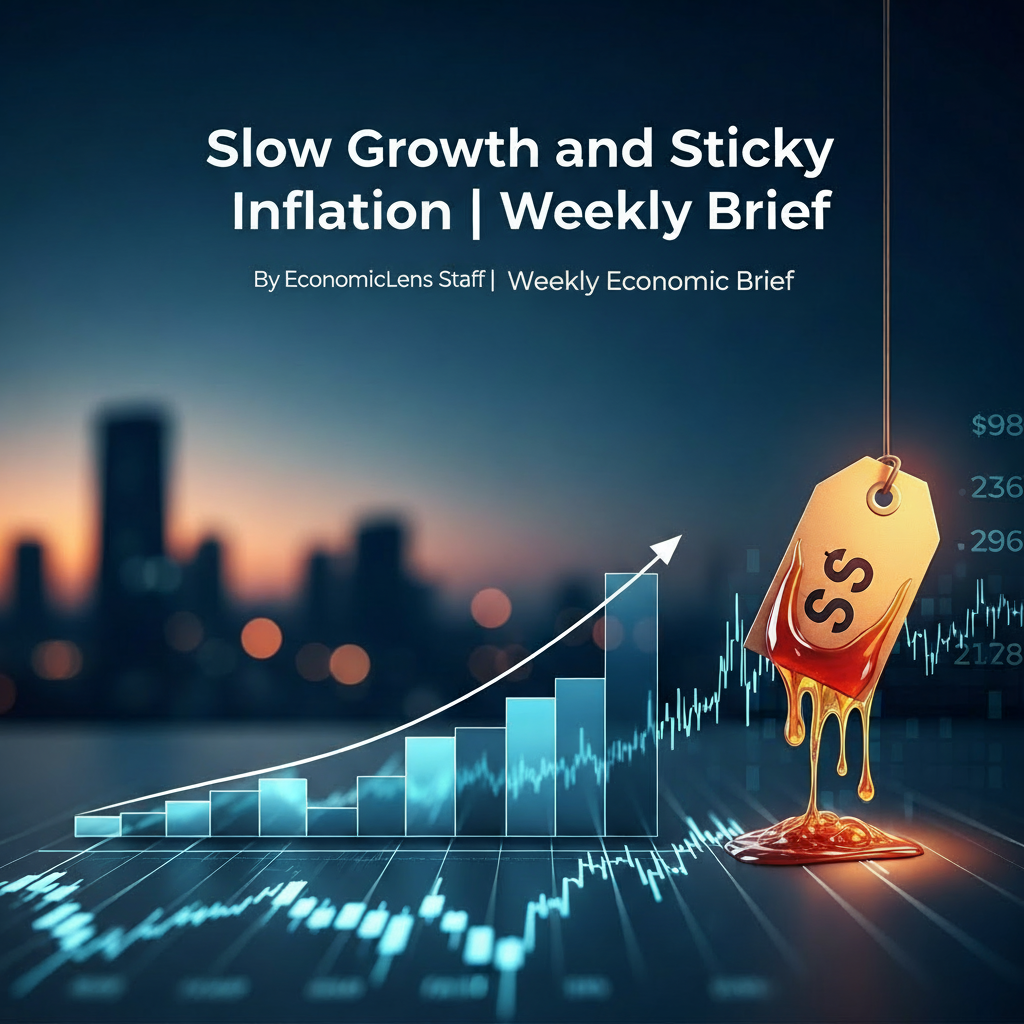 Illustration showing rising price pressures and slow economic growth with charts, city skyline, and a melting price tag symbolizing sticky inflation
