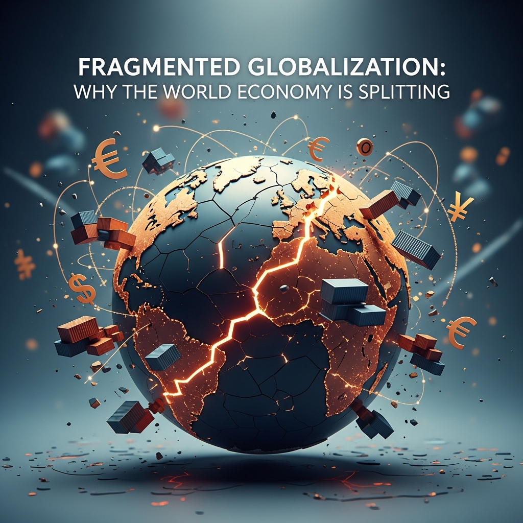 Illustration of a fractured globe with currencies and shipping containers symbolizing fragmented globalization and economic decoupling