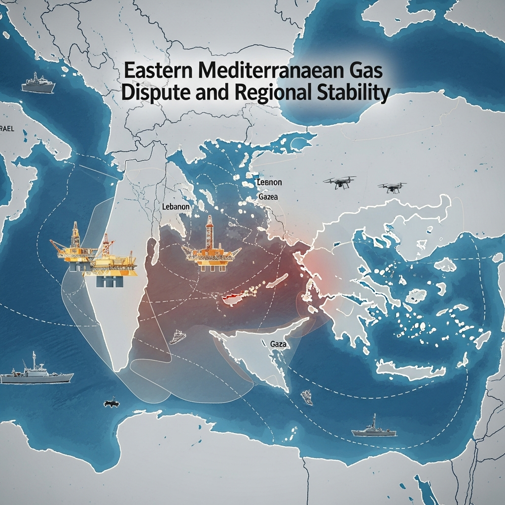 Eastern Mediterranean map showing offshore gas platforms, naval vessels, and overlapping maritime zones near Turkey, Cyprus, Israel, and Egypt