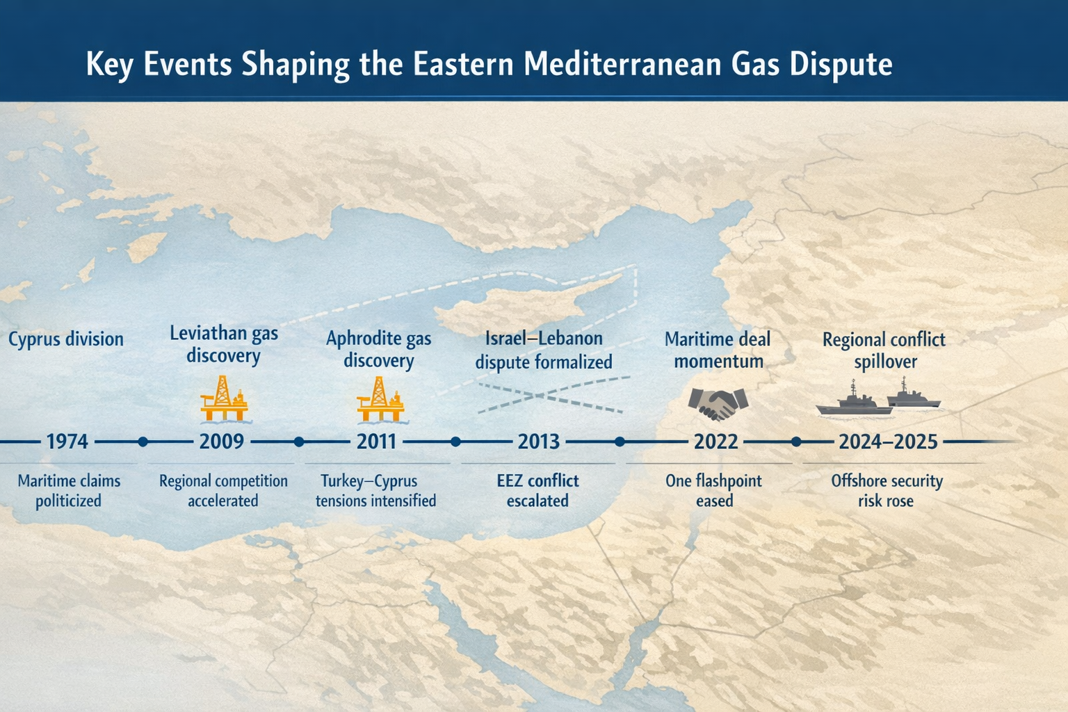 Timeline of Eastern Mediterranean gas dispute showing Cyprus division, gas discoveries, EEZ conflicts, and recent security spillovers