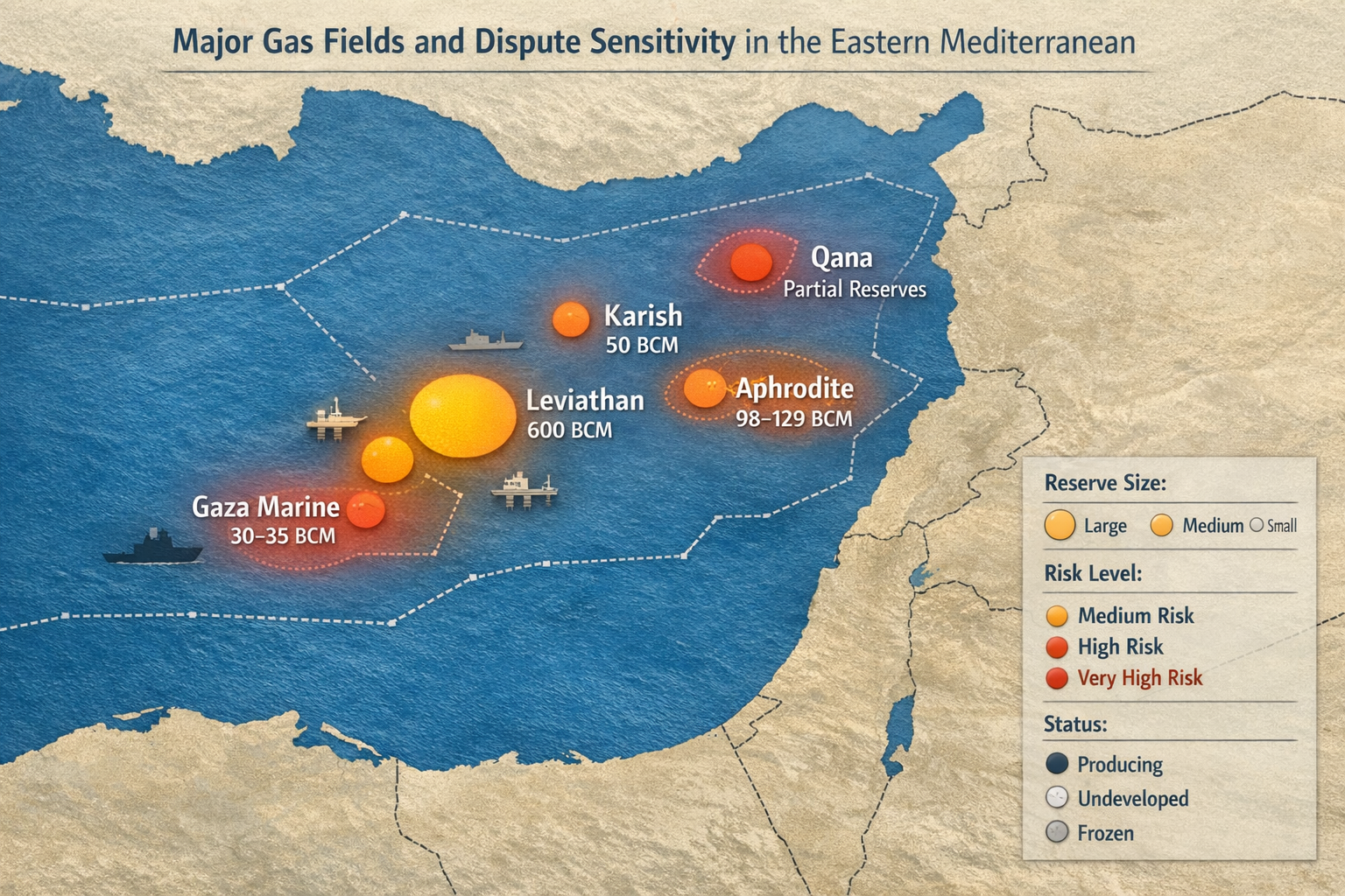 Map of major Eastern Mediterranean gas fields including Leviathan, Karish, Aphrodite, Qana, and Gaza Marine with risk levels