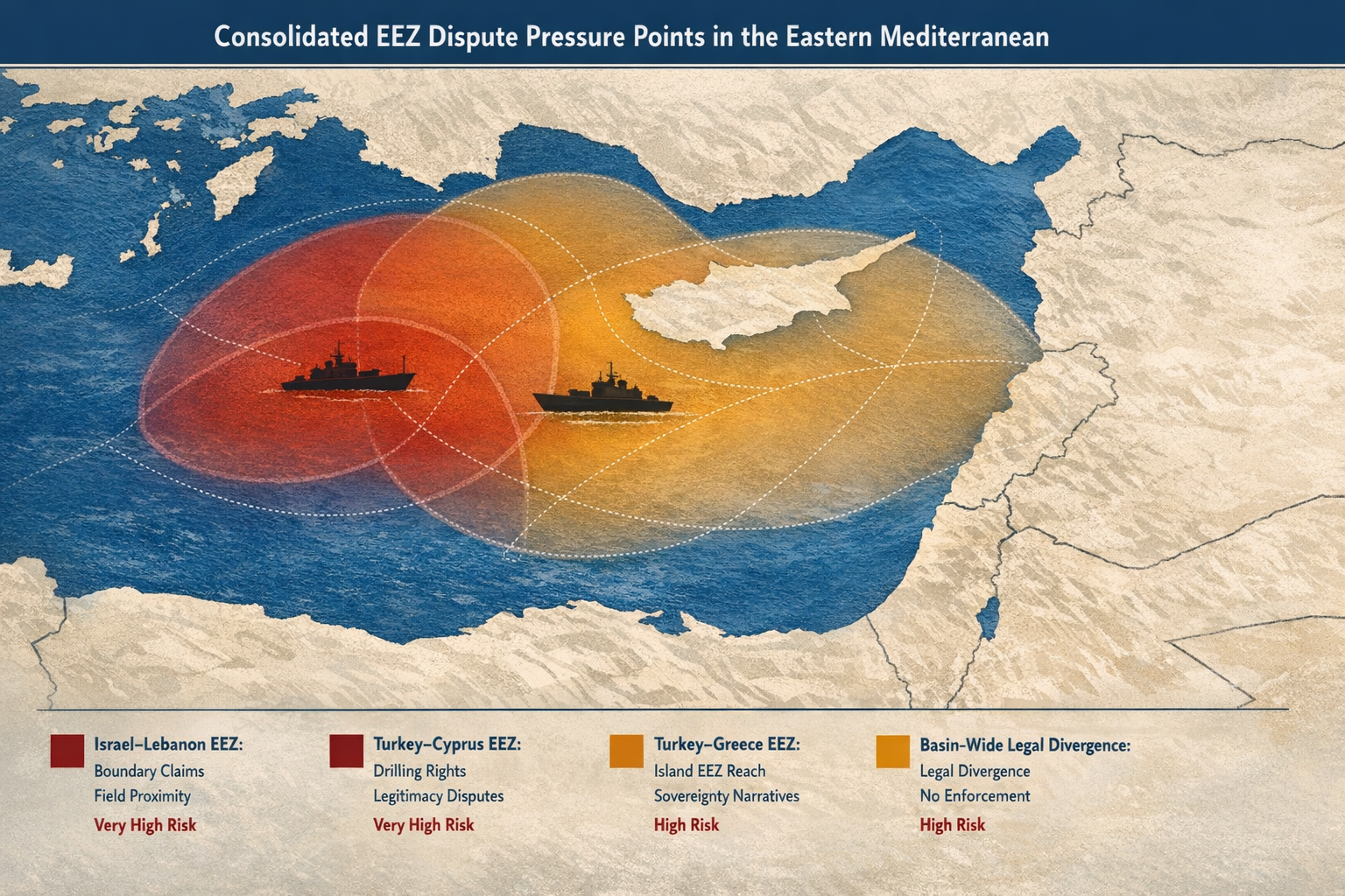 Overlapping EEZ claims between Israel Lebanon, Turkey Cyprus, and Turkey Greece in the Eastern Mediterranean