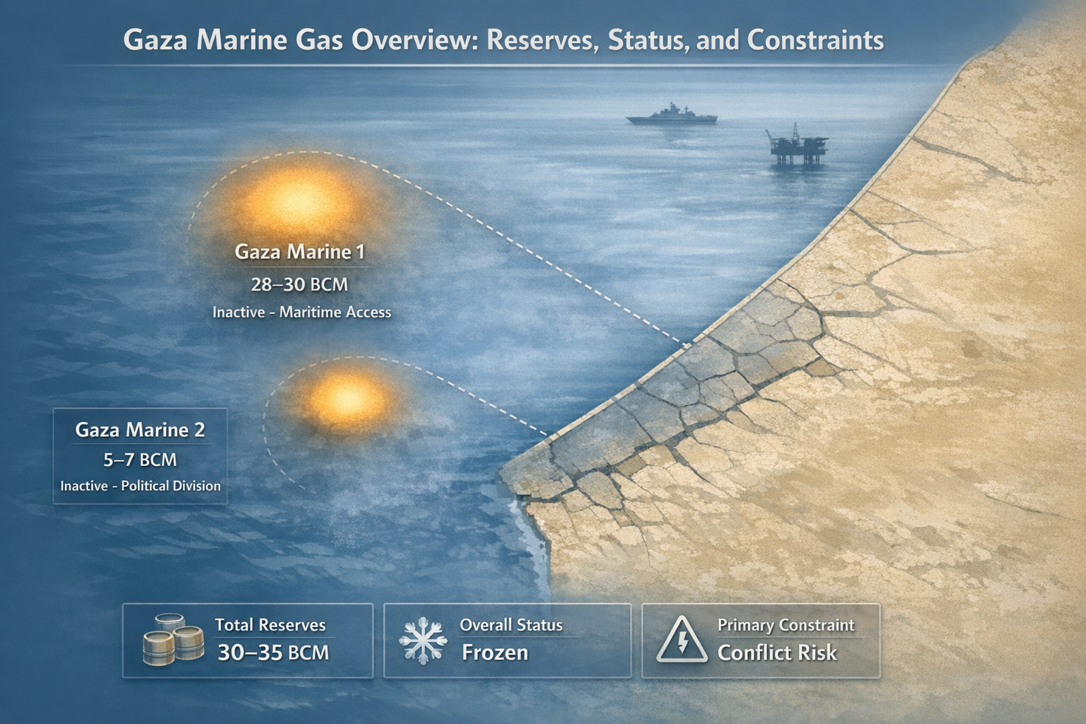 Gaza Marine gas fields showing reserve estimates, inactive status, access constraints, and conflict risk